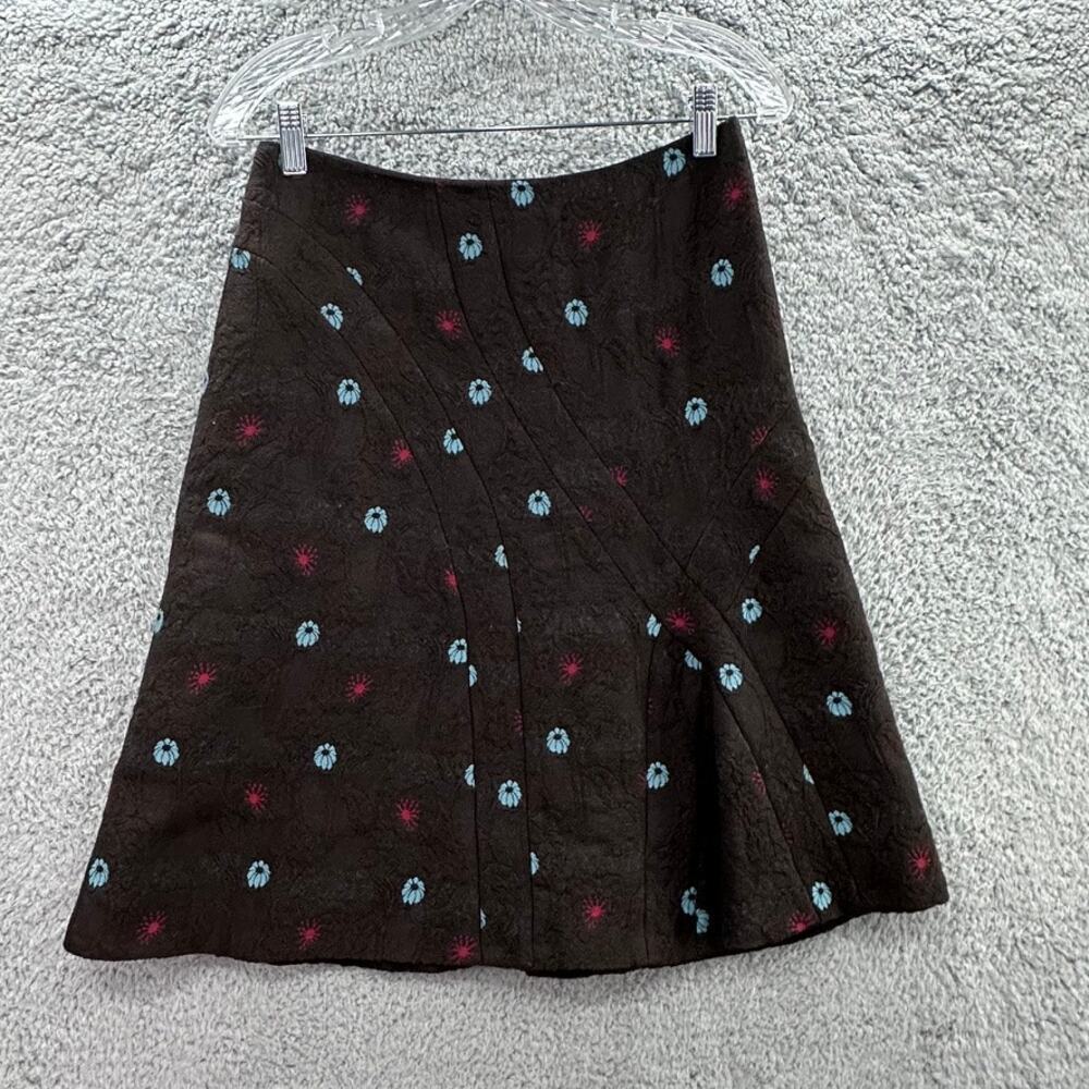 Irene Van Ryb Wool Skirt Size 8 Brown‎ Embroidered Fireworks Pattern A-Line Slip